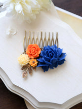 Load image into Gallery viewer, Cobalt Blue and Orange Wedding Bridal Hair Comb. Large Cobalt Blue Rose, Orange, Ivory Flowers Collage Hair Comb, Bridal Bridesmaid Comb
