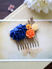 Load image into Gallery viewer, Cobalt Blue and Orange Wedding Bridal Hair Comb. Large Cobalt Blue Rose, Orange, Ivory Flowers Collage Hair Comb, Bridal Bridesmaid Comb
