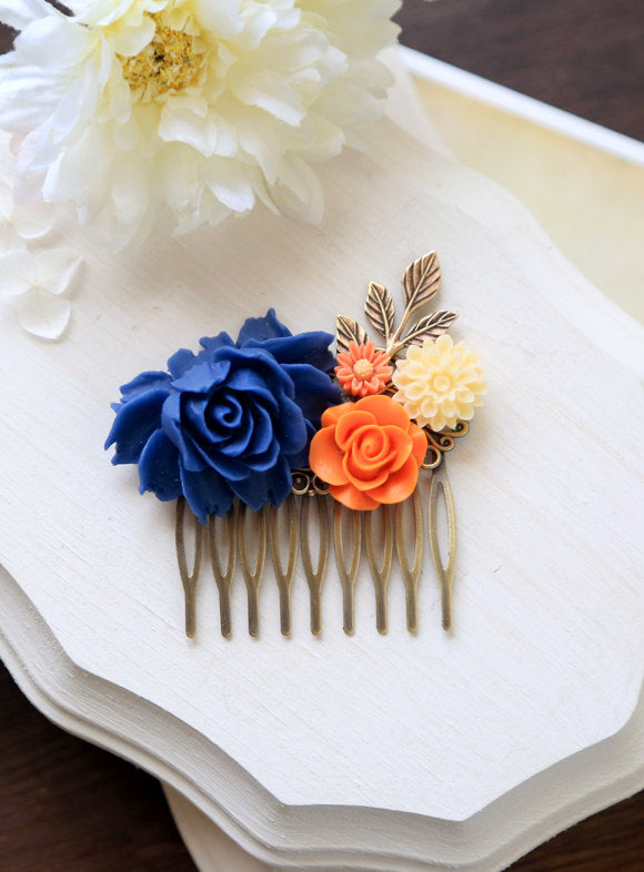 Orange and Cobalt Blue Wedding Hair Comb, Cobalt Blue Orange Ivory Wedding Bridal Hair Comb, Bridesmaid Hair Comb