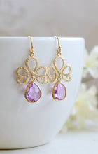 Load image into Gallery viewer, Lavender Glass Drop Gold Plated Dangle Earrings Gold Framed Faceted Lavender Teardrop Jewel Earrings Lavender Wedding Bridesmaid Earrings
