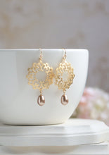 Load image into Gallery viewer, Champagne Bronze Teardrop Pearl Gold Filigree Earrings, Boho Chic, Moroccan, Gold and Champagne Dangle Earrings, Wedding Bridal Earrings
