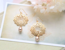 Load image into Gallery viewer, Champagne Bronze Teardrop Pearl Gold Filigree Earrings, Boho Chic, Moroccan, Gold and Champagne Dangle Earrings, Wedding Bridal Earrings
