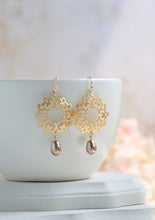 Load image into Gallery viewer, Champagne Bronze Teardrop Pearl Gold Filigree Earrings, Boho Chic, Moroccan, Gold and Champagne Dangle Earrings, Wedding Bridal Earrings
