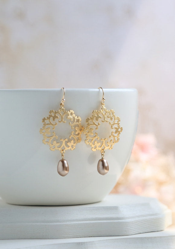 Champagne Bronze Teardrop Pearl Gold Filigree Earrings, Boho Chic, Moroccan, Gold and Champagne Dangle Earrings, Wedding Bridal Earrings