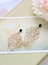 Load image into Gallery viewer, Jet Black Teardrop Pearl Large Gold Filigree Earrings, Lace Filigree Dangle Earrings, Boho, Bohemian, Statement Earrings
