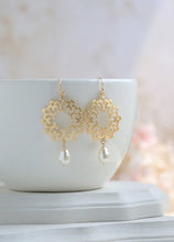 Load image into Gallery viewer, Cream White Teardrop Pearl Gold Filigree Earrings, Gold Wedding Earrings, Bridal Earrings, Bridesmaid Gift, Boho, Moroccan, Gift for women
