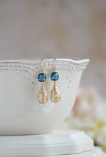 Load image into Gallery viewer, Matte Gold Puffy Filigree Teardrops Montana Blue Glass Dangle Earrings,Gold  Hollow Teardrop Filigree Earrings, Navy Blue Drop Earrings,
