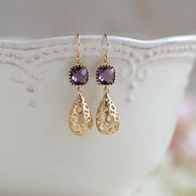 Load image into Gallery viewer, Gold Teardrop Earrings with purple crystals
