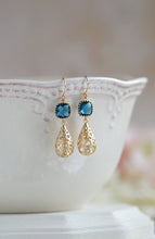 Load image into Gallery viewer, Matte Gold Puffy Filigree Teardrops Montana Blue Glass Dangle Earrings,Gold  Hollow Teardrop Filigree Earrings, Navy Blue Drop Earrings,
