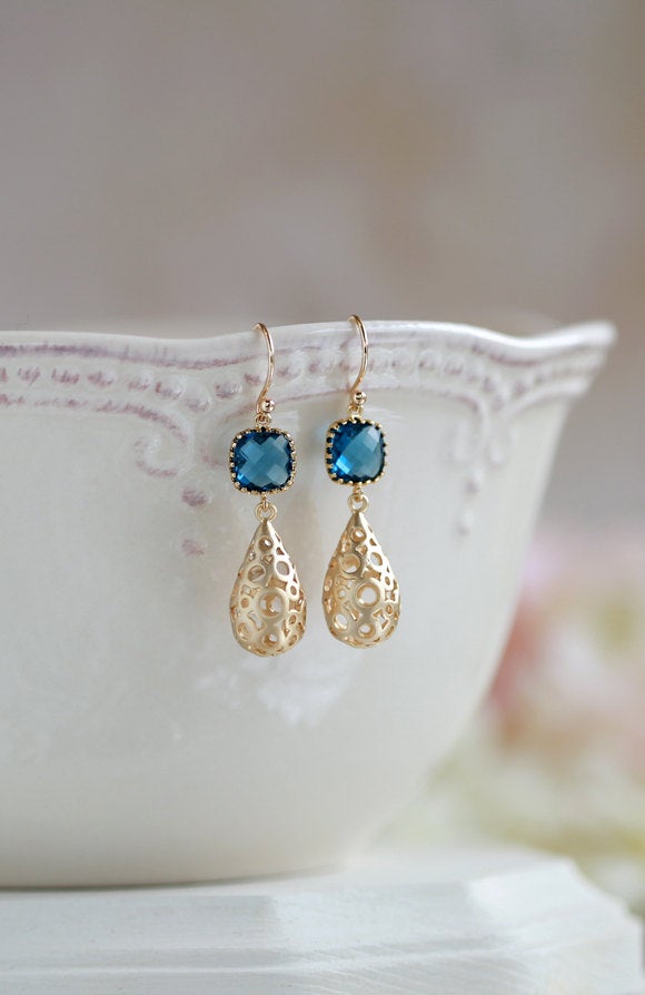 Matte Gold Puffy Filigree Teardrops Montana Blue Glass Dangle Earrings,Gold  Hollow Teardrop Filigree Earrings, Navy Blue Drop Earrings,