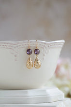 Load image into Gallery viewer, Purple Crystal Gold Puffy Teardrop Earrings
