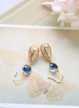 Load image into Gallery viewer, Matte Gold Puffy Filigree Teardrops Montana Blue Glass Dangle Earrings,Gold  Hollow Teardrop Filigree Earrings, Navy Blue Drop Earrings,
