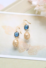 Load image into Gallery viewer, Matte Gold Puffy Filigree Teardrops Montana Blue Glass Dangle Earrings,Gold  Hollow Teardrop Filigree Earrings, Navy Blue Drop Earrings,
