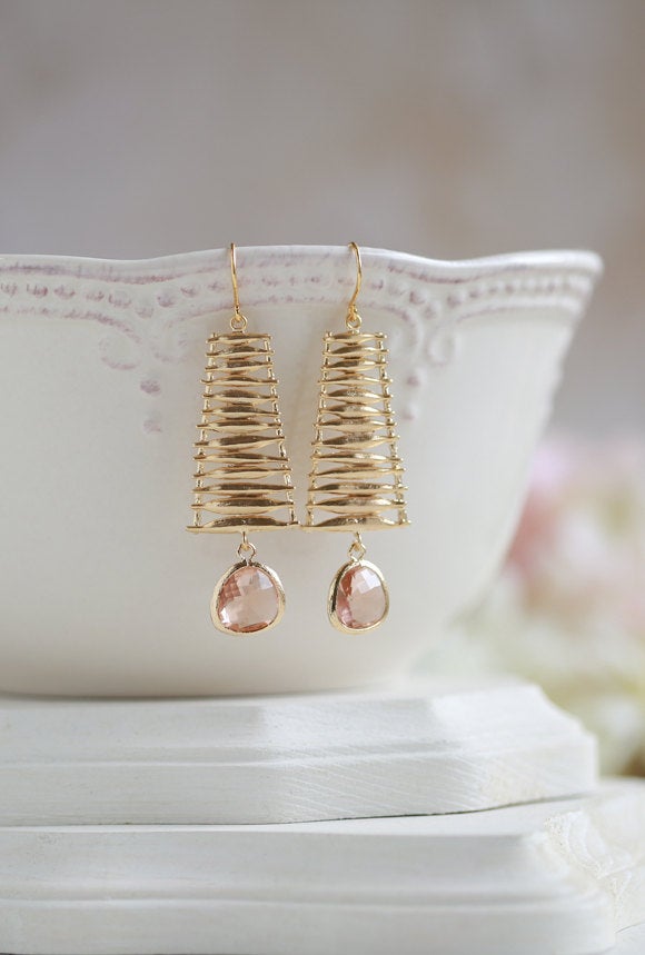 Peach Champagne Teardrop Crystal Glass Gold Dangle Earrings, Matte Gold Ladder Earrings, Gift for Her, Birthday Gift