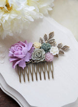 Load image into Gallery viewer, Lavender Lilac Grey Ivory Flower Statement Hair Comb, Lavender Lilac Rose Antiqued Brass Leaf Hair Comb, Wedding Bridal Hair Accessory
