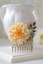 Load image into Gallery viewer, Large Ivory Chrysanthemum Flower Statement Hair Comb. Ivory Dusky Blue Brown Flowers Brass Leaf Collage Hair Comb. Wedding Bridal Comb
