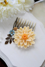 Load image into Gallery viewer, Large Ivory Chrysanthemum Flower Statement Hair Comb. Ivory Dusky Blue Brown Flowers Brass Leaf Collage Hair Comb. Wedding Bridal Comb
