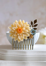 Load image into Gallery viewer, Large Ivory Chrysanthemum Flower Statement Hair Comb. Ivory Dusky Blue Brown Flowers Brass Leaf Collage Hair Comb. Wedding Bridal Comb
