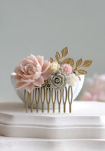 Load image into Gallery viewer, Lavender Lilac Grey Ivory Flower Statement Hair Comb, Lavender Lilac Rose Antiqued Brass Leaf Hair Comb, Wedding Bridal Hair Accessory
