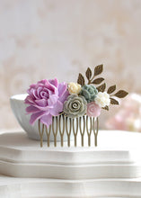 Load image into Gallery viewer, Lavender Lilac Grey Ivory Flower Statement Hair Comb, Lavender Lilac Rose Antiqued Brass Leaf Hair Comb, Wedding Bridal Hair Accessory
