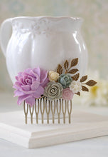 Load image into Gallery viewer, Lavender Lilac Grey Ivory Flower Statement Hair Comb, Lavender Lilac Rose Antiqued Brass Leaf Hair Comb, Wedding Bridal Hair Accessory
