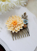 Load image into Gallery viewer, Large Ivory Chrysanthemum Flower Statement Hair Comb. Ivory Dusky Blue Brown Flowers Brass Leaf Collage Hair Comb. Wedding Bridal Comb
