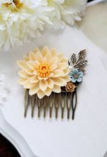 Load image into Gallery viewer, Large Ivory Chrysanthemum Flower Statement Hair Comb. Ivory Dusky Blue Brown Flowers Brass Leaf Collage Hair Comb. Wedding Bridal Comb
