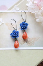 Load image into Gallery viewer, Cobalt Blue Flower Navy Blue Cherry Blossoms Coral Gold Etched Teardrop Beads Dangle Earrings, Blue Orange Wedding, Bridesmaid Earrings
