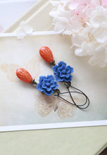 Load image into Gallery viewer, Cobalt Blue Flower Navy Blue Cherry Blossoms Coral Gold Etched Teardrop Beads Dangle Earrings, Blue Orange Wedding, Bridesmaid Earrings
