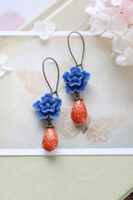 Load image into Gallery viewer, Cobalt Blue Flower Navy Blue Cherry Blossoms Coral Gold Etched Teardrop Beads Dangle Earrings, Blue Orange Wedding, Bridesmaid Earrings
