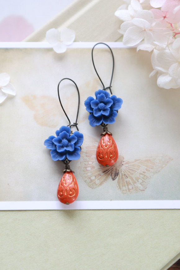 Cobalt Blue Flower Navy Blue Cherry Blossoms Coral Gold Etched Teardrop Beads Dangle Earrings, Blue Orange Wedding, Bridesmaid Earrings