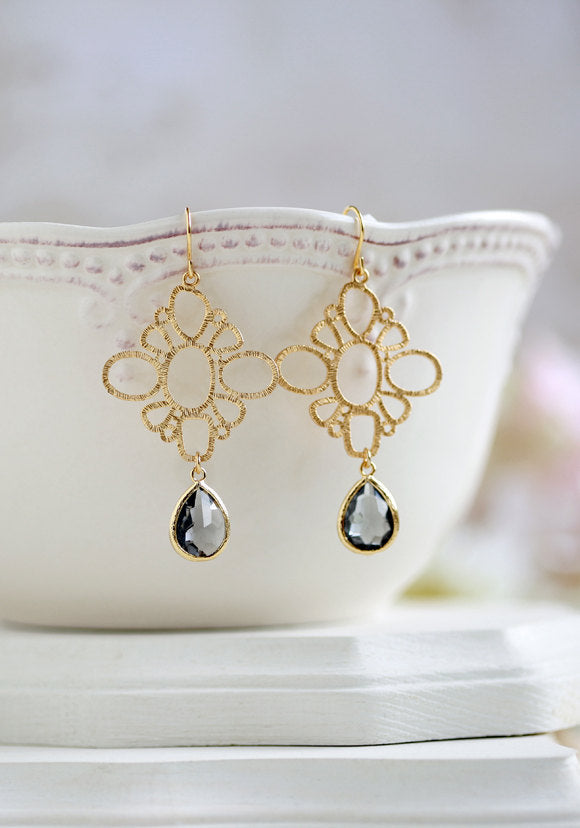 Gold Filigree Grey Teardrop Crystal Glass Earrings Charcoal Gray Dangle Earrings Bohemian Style  Chandelier Earrings Grayy Wedding Earrings