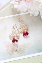 Load image into Gallery viewer, Fuchsia Pink Ruby Gold Dangle Earrings, Swirly Filigree Drop Earrings, Red Pink Wedding Jewelry, Bridal Earrings, Bridesmaid Gift
