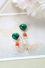 Load image into Gallery viewer, Orange and Emerald Green Earrings, Gold Plated Orange and Large Green Teardrop Glass Dangle Earrings, Wedding Jewelry, Bridesmaid Earrings
