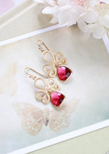 Load image into Gallery viewer, Fuchsia Pink Ruby Gold Dangle Earrings, Swirly Filigree Drop Earrings, Red Pink Wedding Jewelry, Bridal Earrings, Bridesmaid Gift
