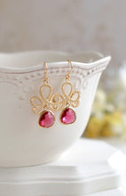 Load image into Gallery viewer, Fuchsia Pink Ruby Gold Dangle Earrings, Swirly Filigree Drop Earrings, Red Pink Wedding Jewelry, Bridal Earrings, Bridesmaid Gift
