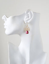 Load image into Gallery viewer, Fuchsia Pink Ruby Gold Dangle Earrings, Swirly Filigree Drop Earrings, Red Pink Wedding Jewelry, Bridal Earrings, Bridesmaid Gift
