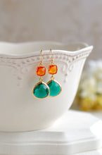 Load image into Gallery viewer, Orange and Emerald Green Earrings, Gold Plated Orange and Large Green Teardrop Glass Dangle Earrings, Wedding Jewelry, Bridesmaid Earrings
