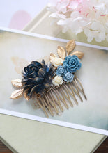 Load image into Gallery viewer, Navy Blue Bridal Hair Comb, Gold Navy Blue Wedding, Something Blue Wedding, Flower Hair Comb, Gold Dusky Blue Ivory Rose Gold Leaf Hair Comb
