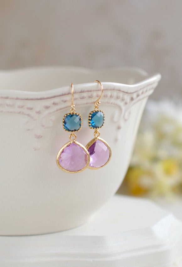 Montana Blue and Lavender Purple Earrings, Gold Plated Navy Blue and Large Purple Teardrop Glass Dangle Earrings, Bridesmaid Earrings