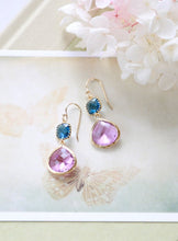 Load image into Gallery viewer, Montana Blue and Lavender Purple Earrings, Gold Plated Navy Blue and Large Purple Teardrop Glass Dangle Earrings, Bridesmaid Earrings
