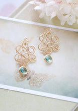 Load image into Gallery viewer, Gold and Blue Earrings, Lace Filigree Aqua Blue Erinite Teardrop Crystal Glass Earrings, Bohemian Chandelier Earrings, Gold Aqua Wedding
