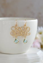 Load image into Gallery viewer, Gold and Blue Earrings, Lace Filigree Aqua Blue Erinite Teardrop Crystal Glass Earrings, Bohemian Chandelier Earrings, Gold Aqua Wedding
