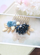 Load image into Gallery viewer, Navy Blue Bridal Hair Comb, Gold Navy Blue Wedding, Something Blue Wedding, Flower Hair Comb, Gold Dusky Blue Ivory Rose Gold Leaf Hair Comb
