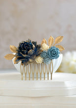 Load image into Gallery viewer, Navy Blue Bridal Hair Comb, Gold Navy Blue Wedding, Something Blue Wedding, Flower Hair Comb, Gold Dusky Blue Ivory Rose Gold Leaf Hair Comb
