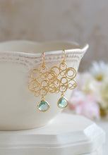 Load image into Gallery viewer, Gold and Blue Earrings, Lace Filigree Aqua Blue Erinite Teardrop Crystal Glass Earrings, Bohemian Chandelier Earrings, Gold Aqua Wedding
