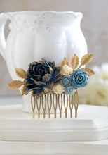 Load image into Gallery viewer, Navy Blue Bridal Hair Comb, Gold Navy Blue Wedding, Something Blue Wedding, Flower Hair Comb, Gold Dusky Blue Ivory Rose Gold Leaf Hair Comb
