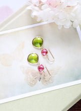 Load image into Gallery viewer, Fuchsia Pink Ruby Peridot Apple Green Dangle Earrings, Gold Plated Teardrop Glass Earrings, Bridesmaid Earrings, Fuchsia Green Wedding
