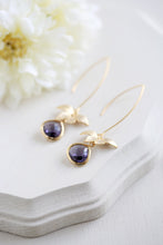 Load image into Gallery viewer, Matte Gold Orchid Flower Amethyst Purple Glass Teardrop Long Dangle Earrings, Purple Wedding , Purple Drop Earrings, Bridesmaid Earrings
