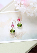 Load image into Gallery viewer, Fuchsia Pink Ruby Peridot Apple Green Dangle Earrings, Gold Plated Teardrop Glass Earrings, Bridesmaid Earrings, Fuchsia Green Wedding
